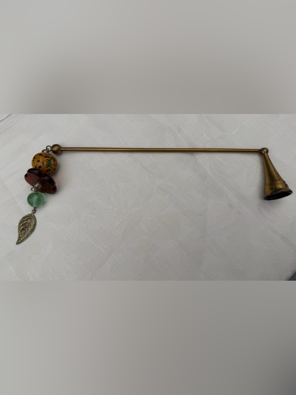Handcrafted Candle Snuffer – Brass – Decorative Beads – Leaf Charm